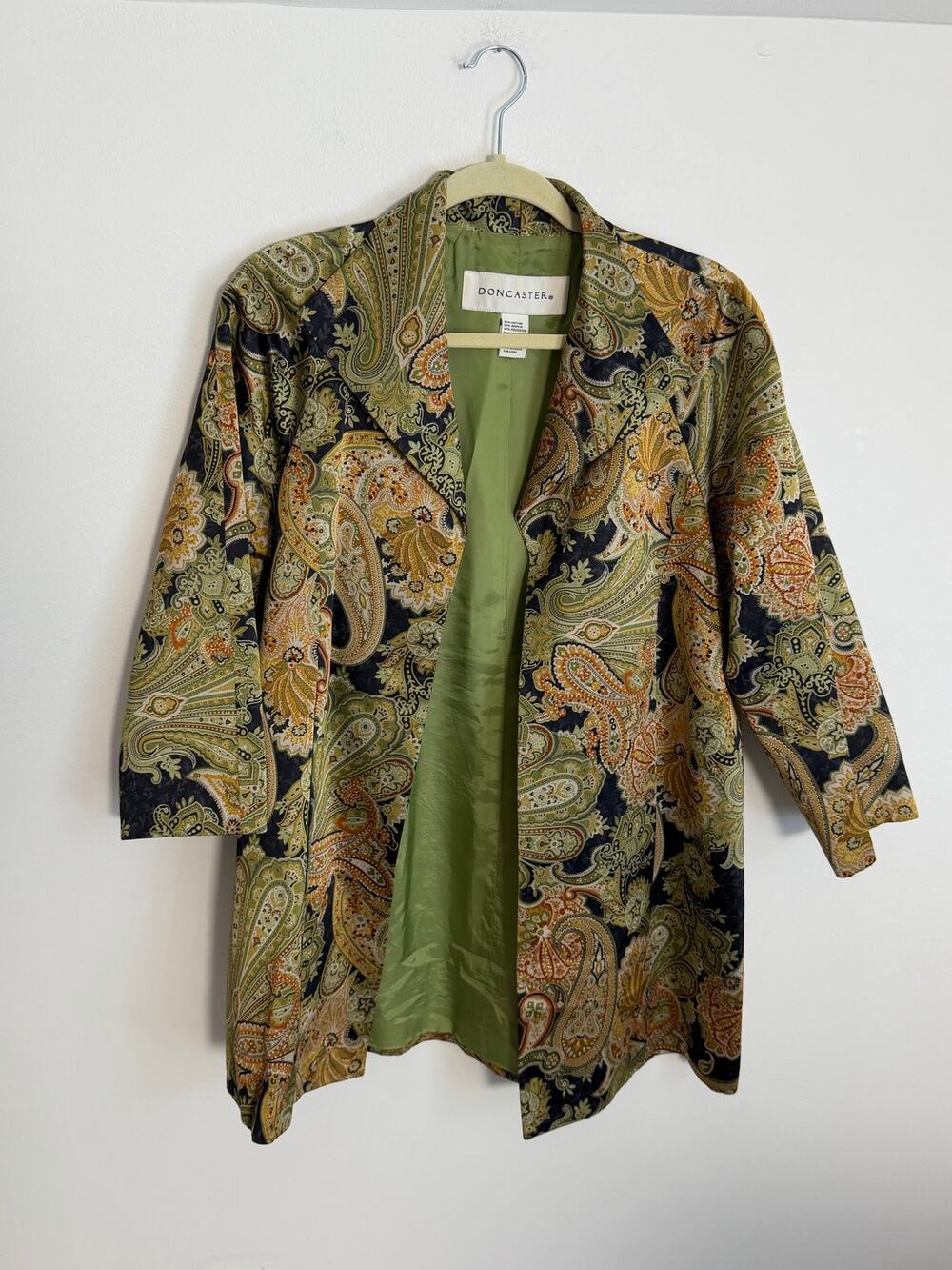 Doncaster Paisley Open Front Jacket Green Gold Lightweight‎ Blazer Size 8